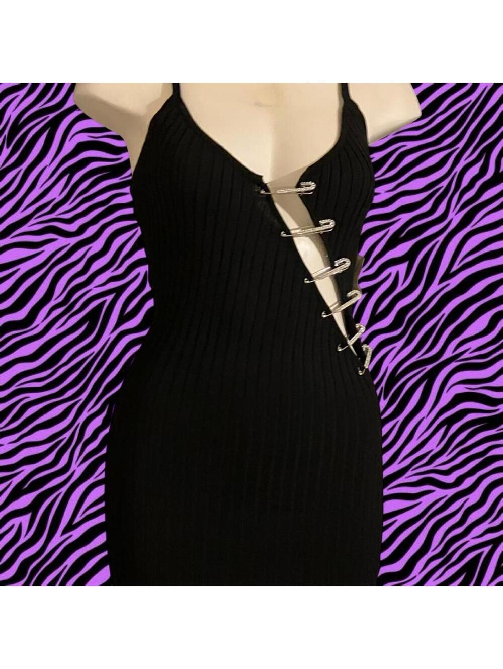 NWT Black y2k Immodel ribbed bodycon dress with silver rhinestone safety pins